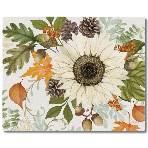 Glass cutting board with white sunflower pinecones acorns and fall leaves in watercolor style