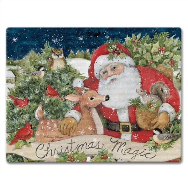 Glass cutting board with Santa a deer squirrel and birds in a snowy forest Text reads Christmas Magic