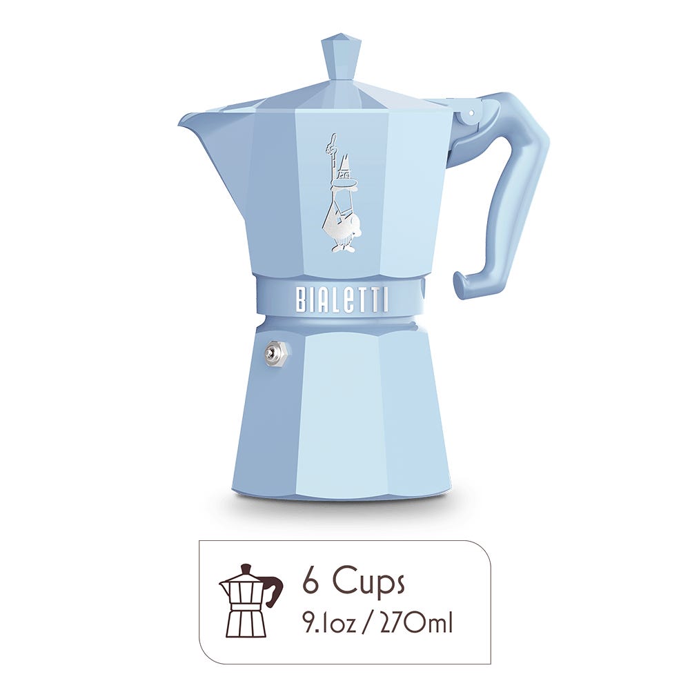 Light blue Bialetti Moka Express 6-cup stovetop espresso maker with an octagonal design