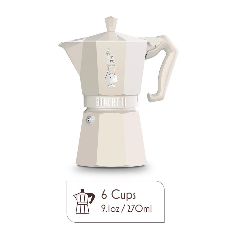 Cream-colored Bialetti Moka Express stovetop espresso maker for 6 cups with faceted top and handle