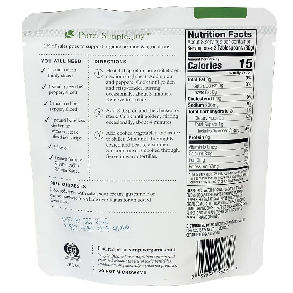 Spices Simply Organic Classic Fajita Simmer Sauce 8 oz