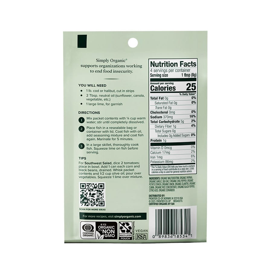 Frontier Co-Op Spices Simply Organic Fish Taco Seasoning Mix 1.13 oz