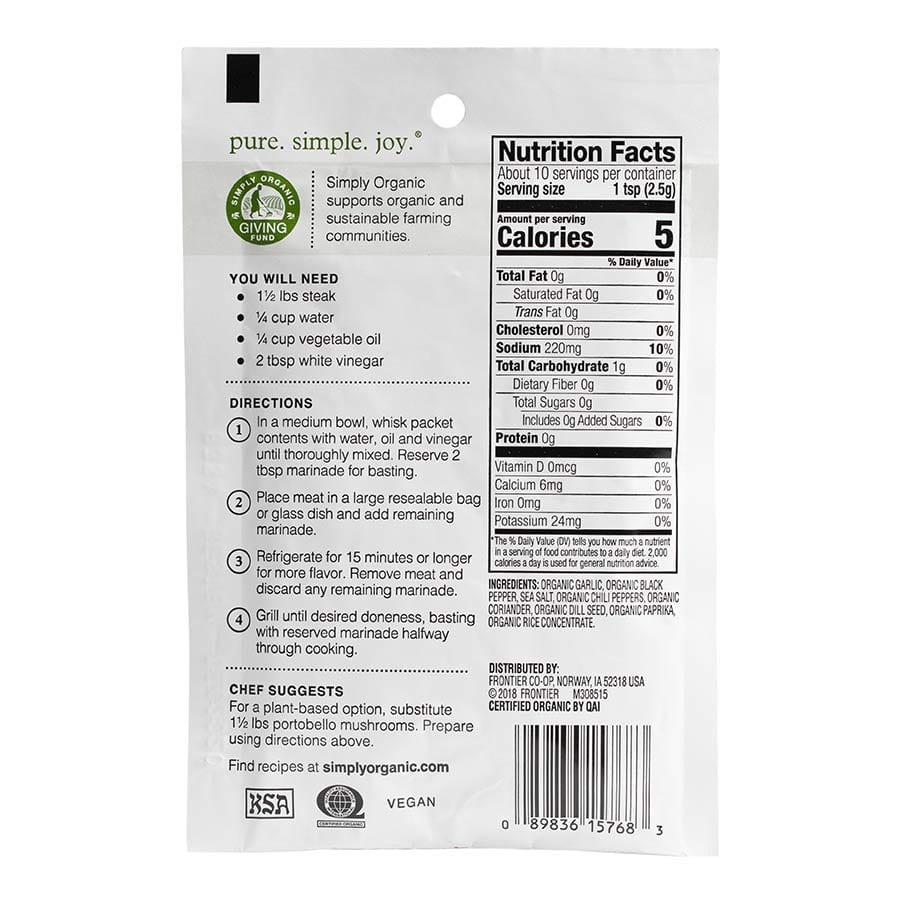 Frontier Co-Op Spices Simply Organic Savory Steak Marinade Mix