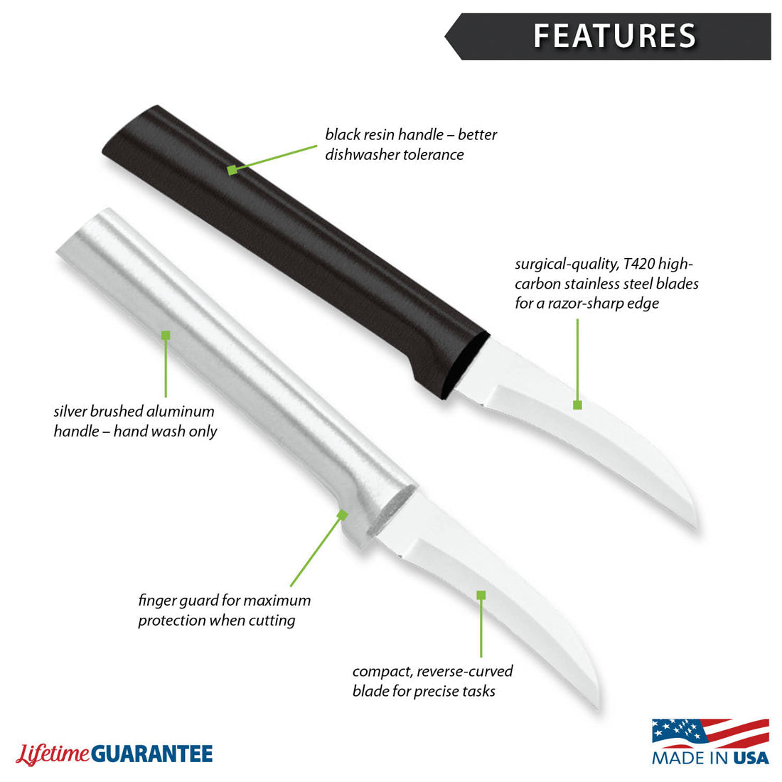Two knives with surgical-quality T420 high-carbon stainless steel blades one with a black resin handle one with a
