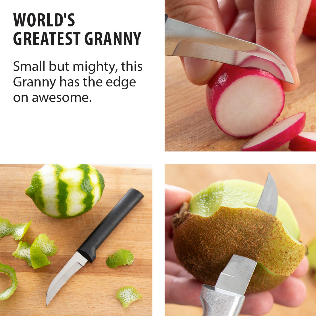 Granny Parer stainless steel kitchen knife with black handle for peeling and slicing small fruits and vegetables