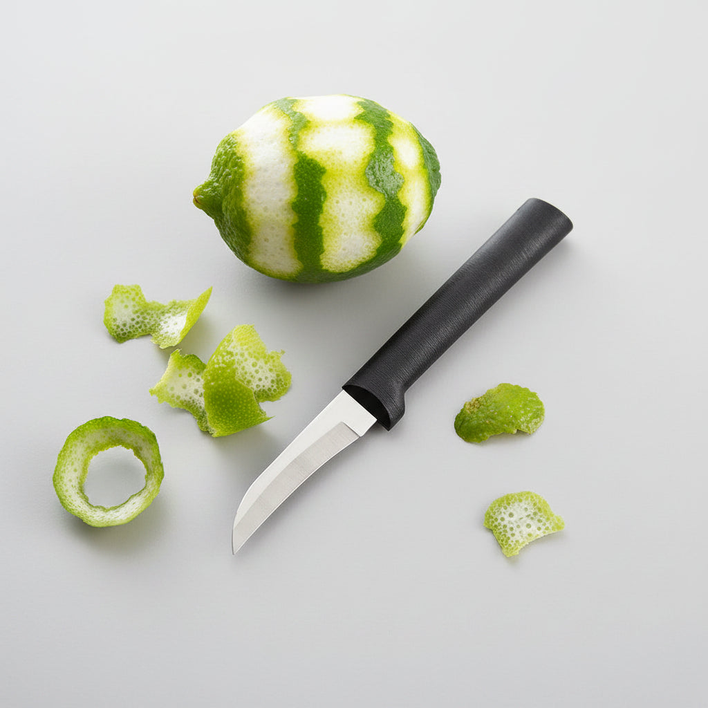 Stainless steel paring knife with black handle shown next to a partially peeled lime and lime zest