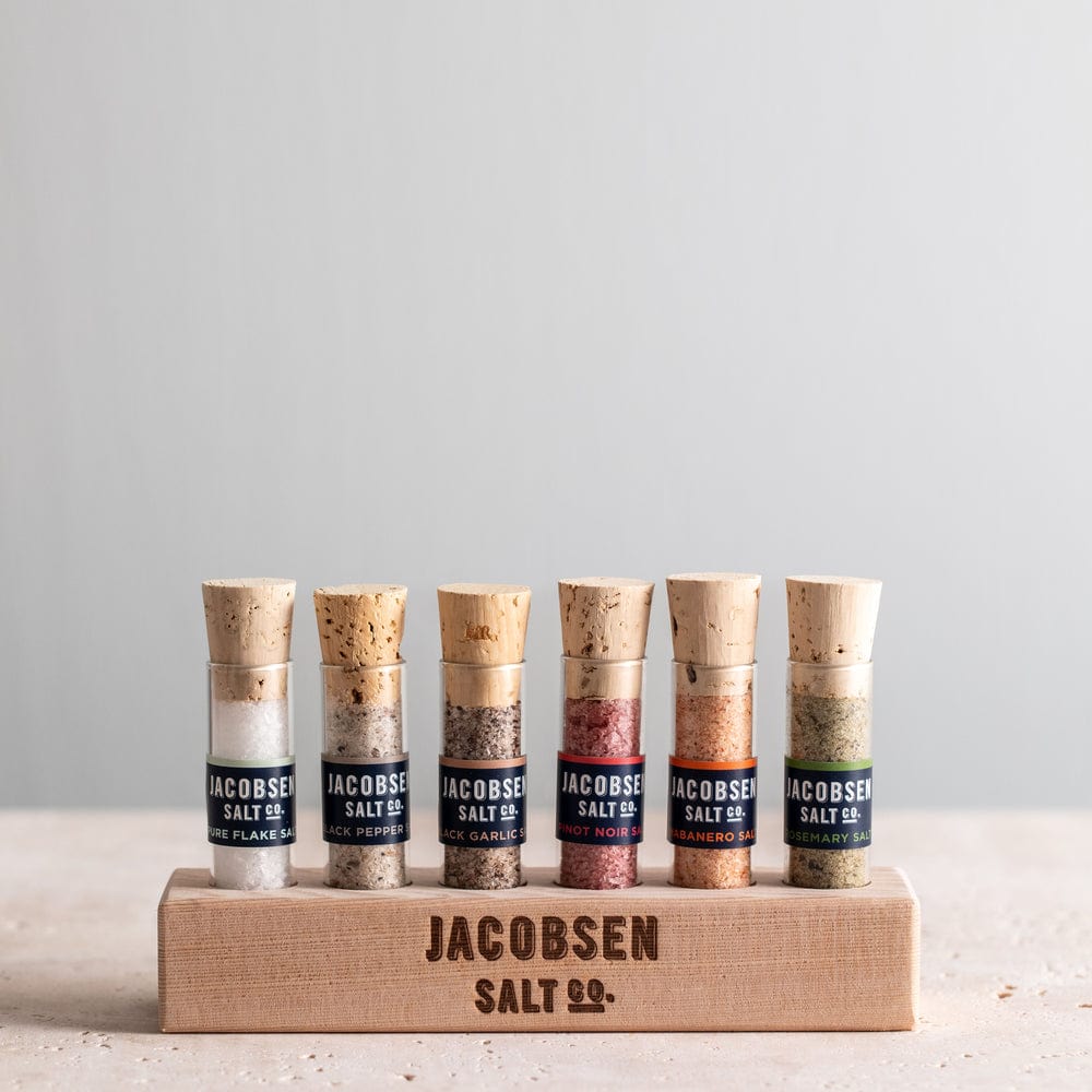 Jacobsen's Spices Jacobsen Salt Co. Six Vial Infused Salt Set with Branded Wood Stand