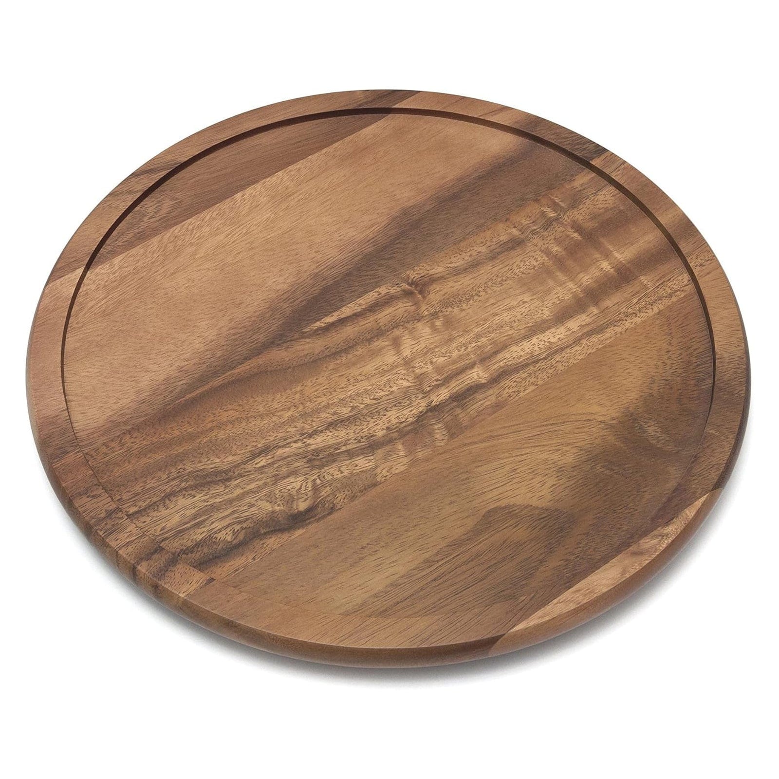 Round acacia wood 14 kitchen turntable in a rich brown color with a carved groove near the edge
