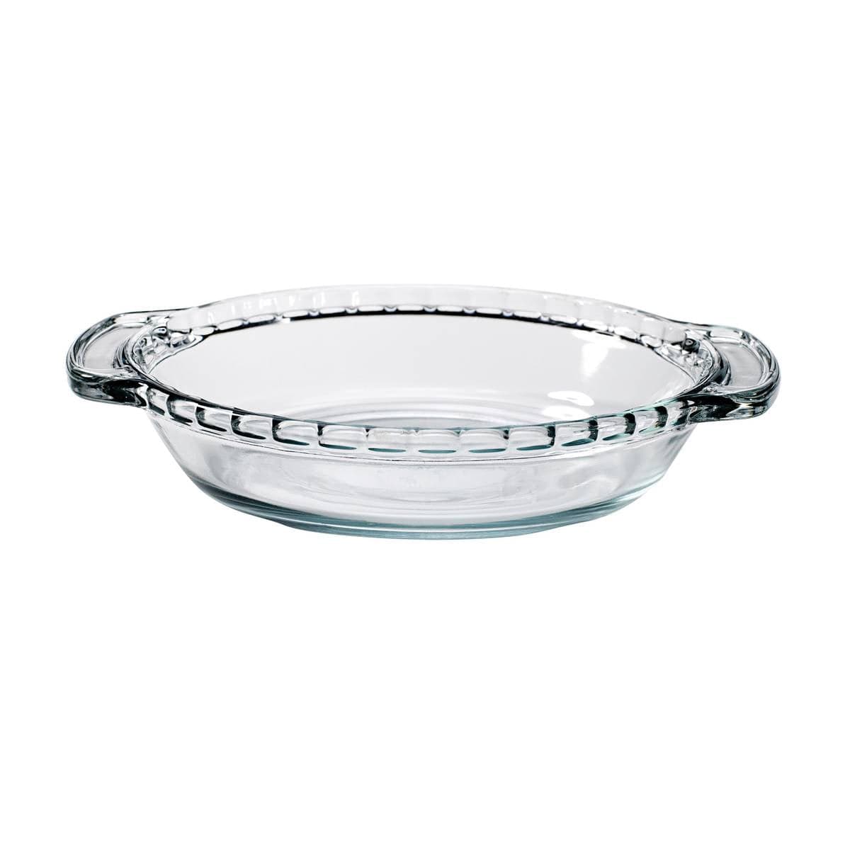 Clear glass 6-inch mini pie plate with textured rim and two small handles