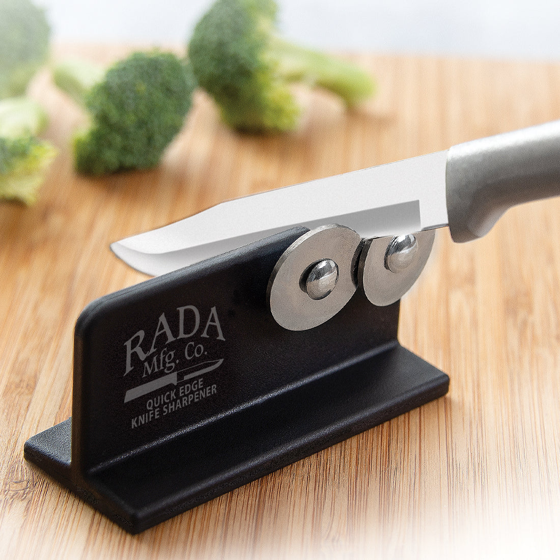 Rada Mfg Co Quick Edge Knife Sharpener black plastic with two stainless steel sharpening wheels