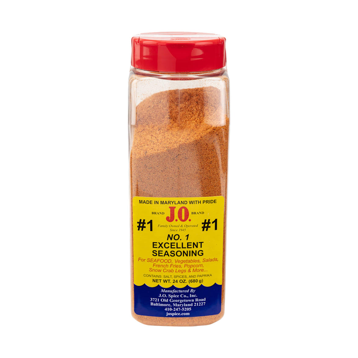 J O Brand No 1 Excellent Seasoning a 24 oz clear plastic shaker with a red lid filled with orange spice