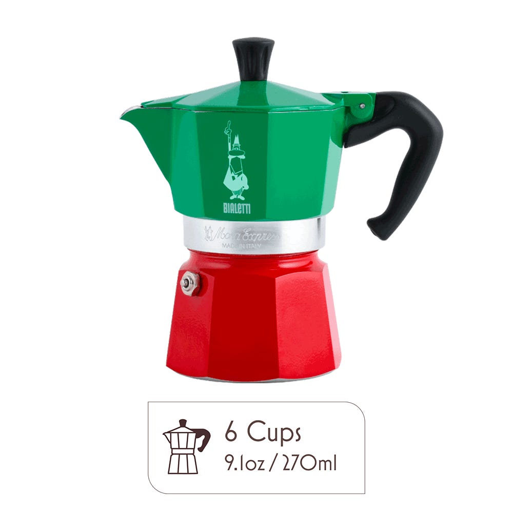 Red and green 6-cup Moka Express coffee maker with a black handle and knob 9 1oz 270ml capacity