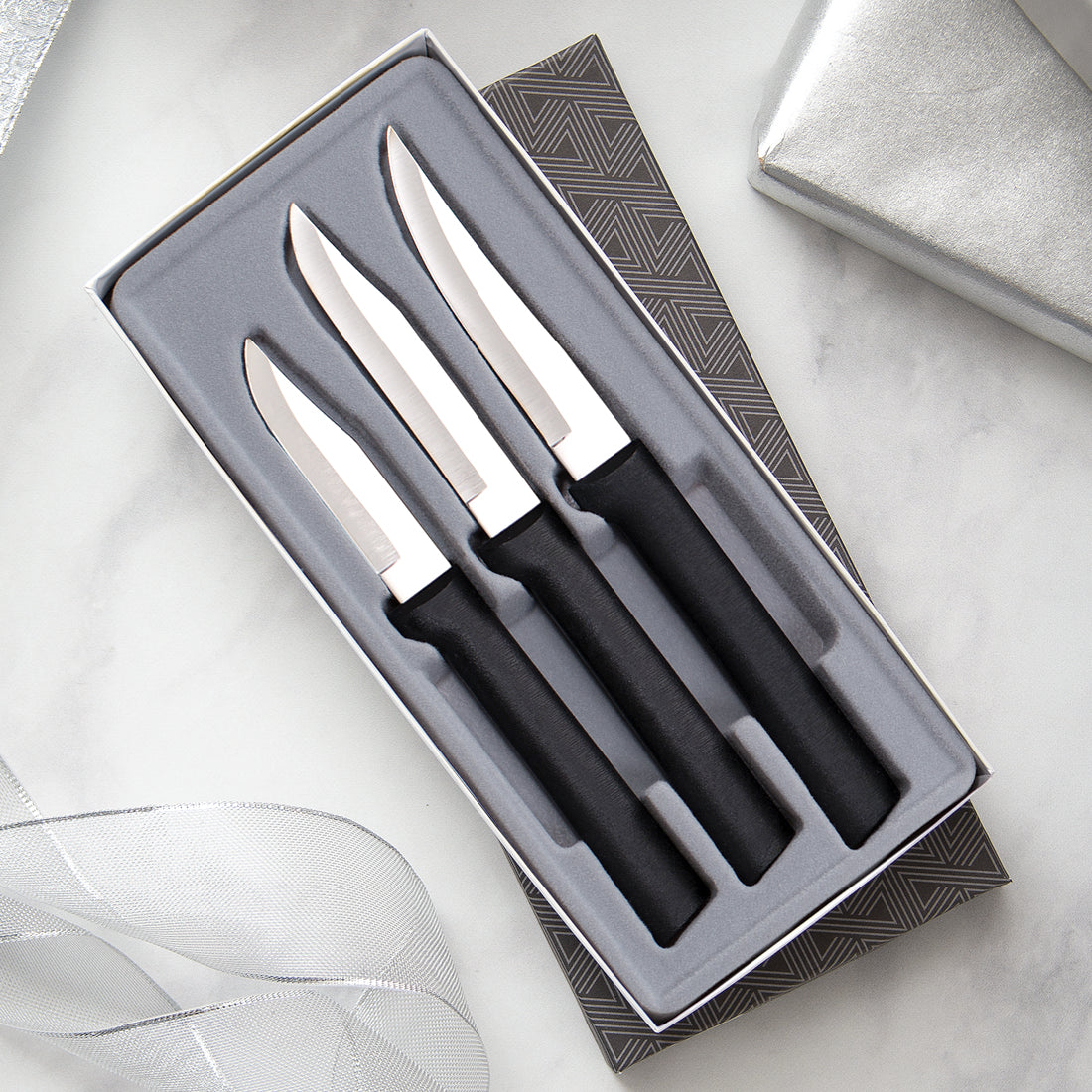 Chefs Mark 3-Piece Paring Knife Set stainless steel blades with black handles in a gray gift box