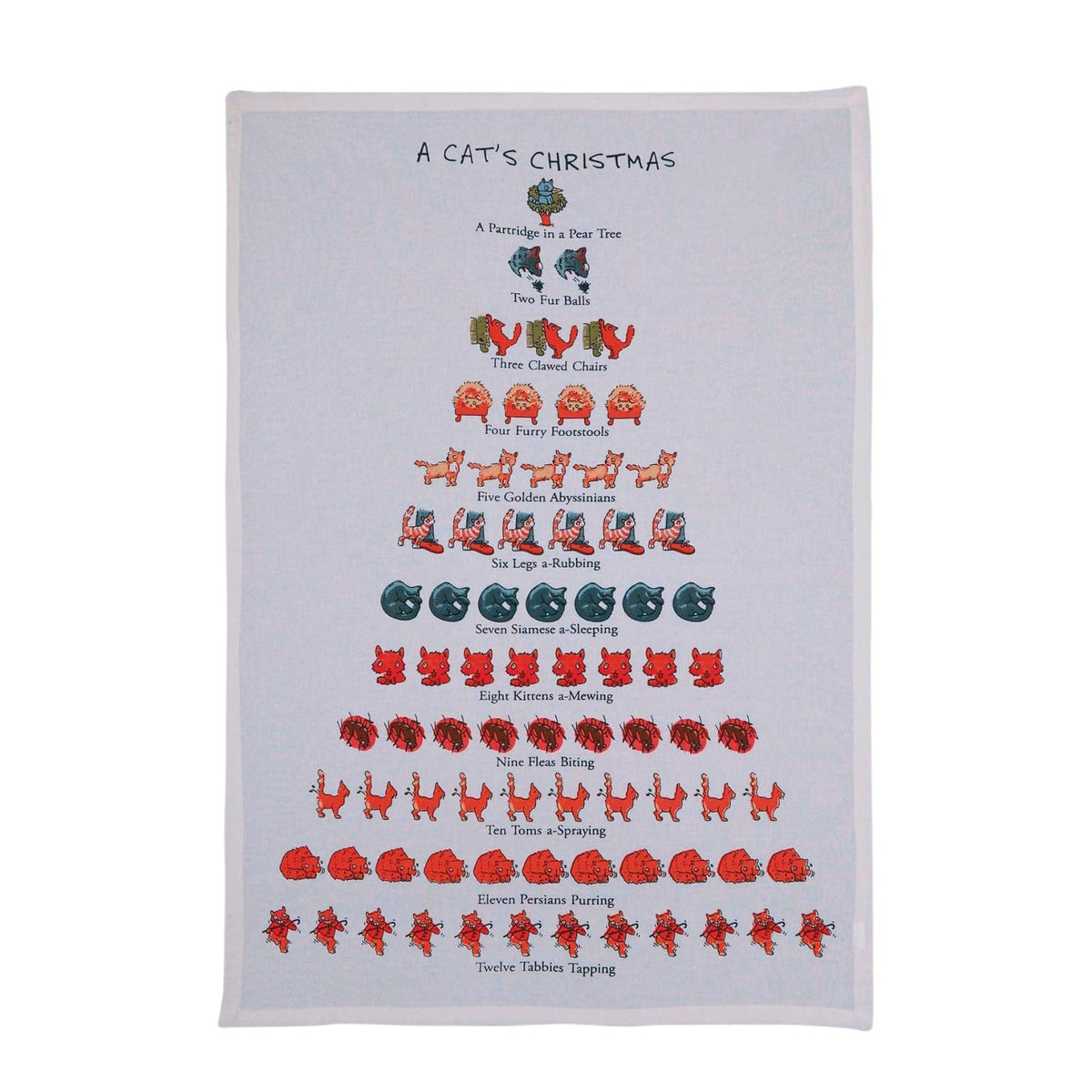 White 100 cotton kitchen towel with A Cats Christmas design featuring cat illustrations in a tree shape