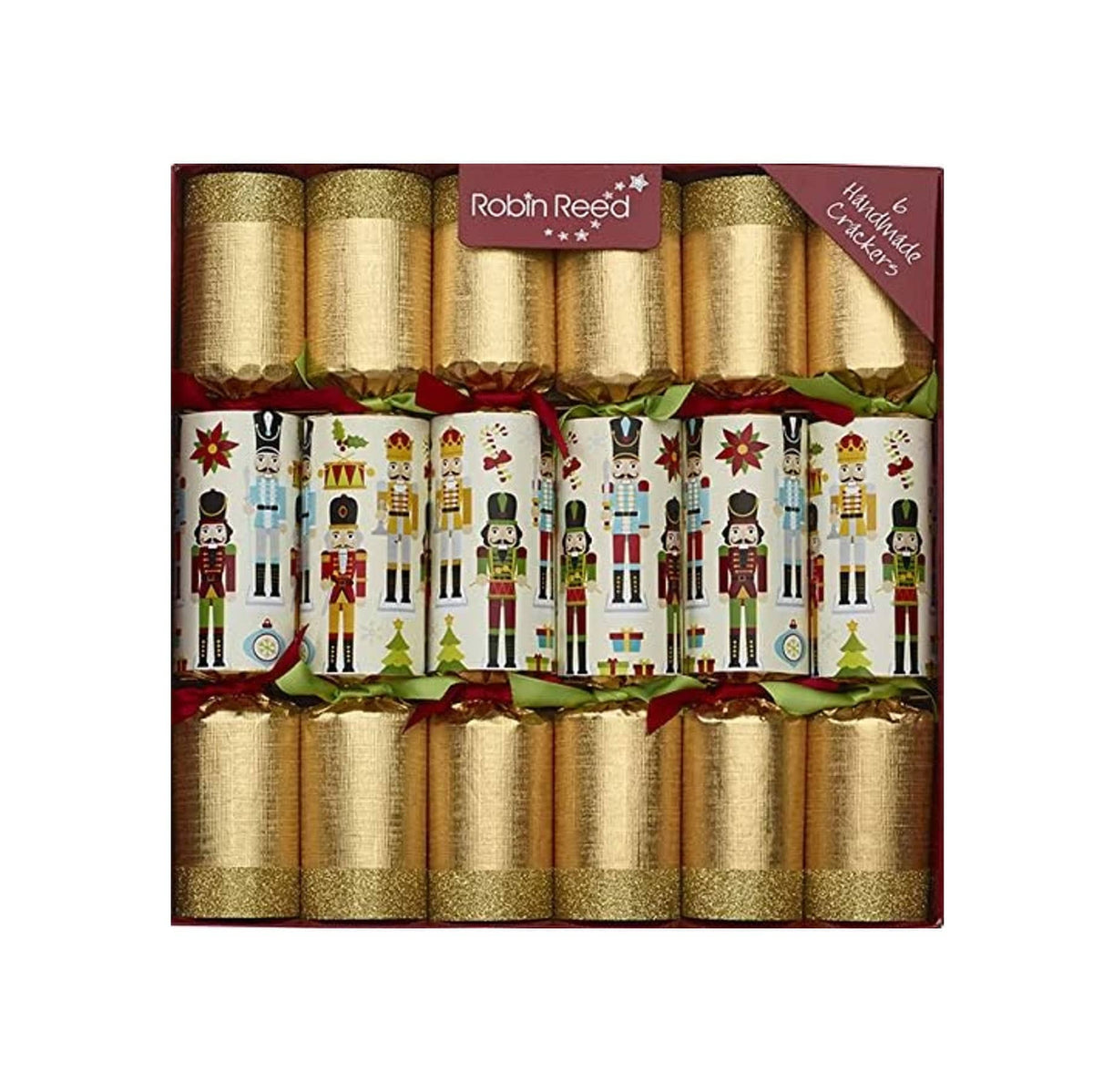 Box of 6 Robin Reed Christmas crackers gold and white with Nutcracker design