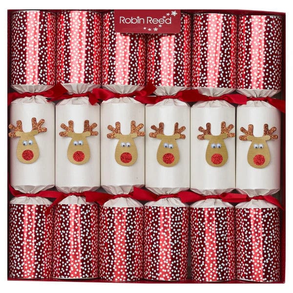 Box of 6 Robin Reed 13 Christmas crackers with red-white polka dot foil and white with gold reindeer decor