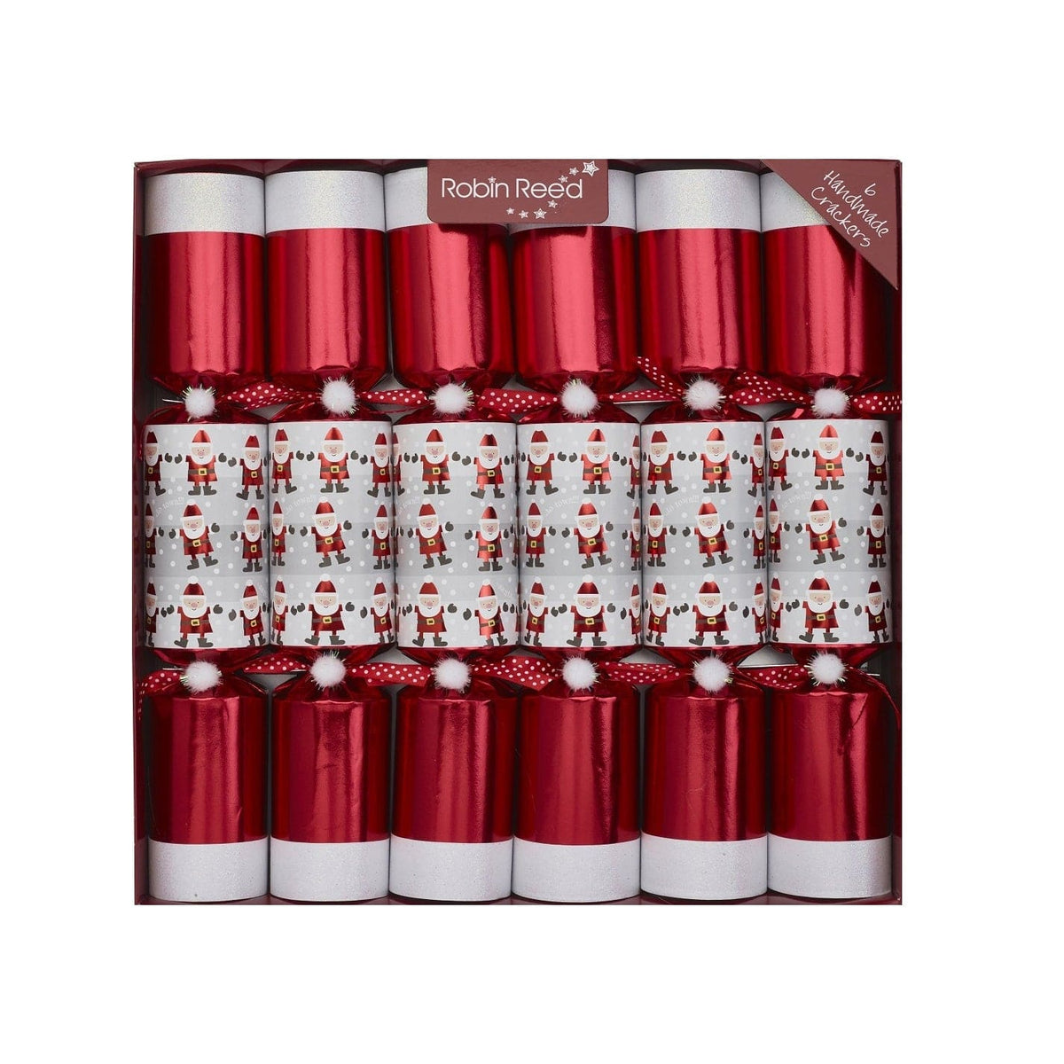 Box of 6 Robin Reed 13 Racing Santa Christmas crackers red with white top and a central Santa pattern