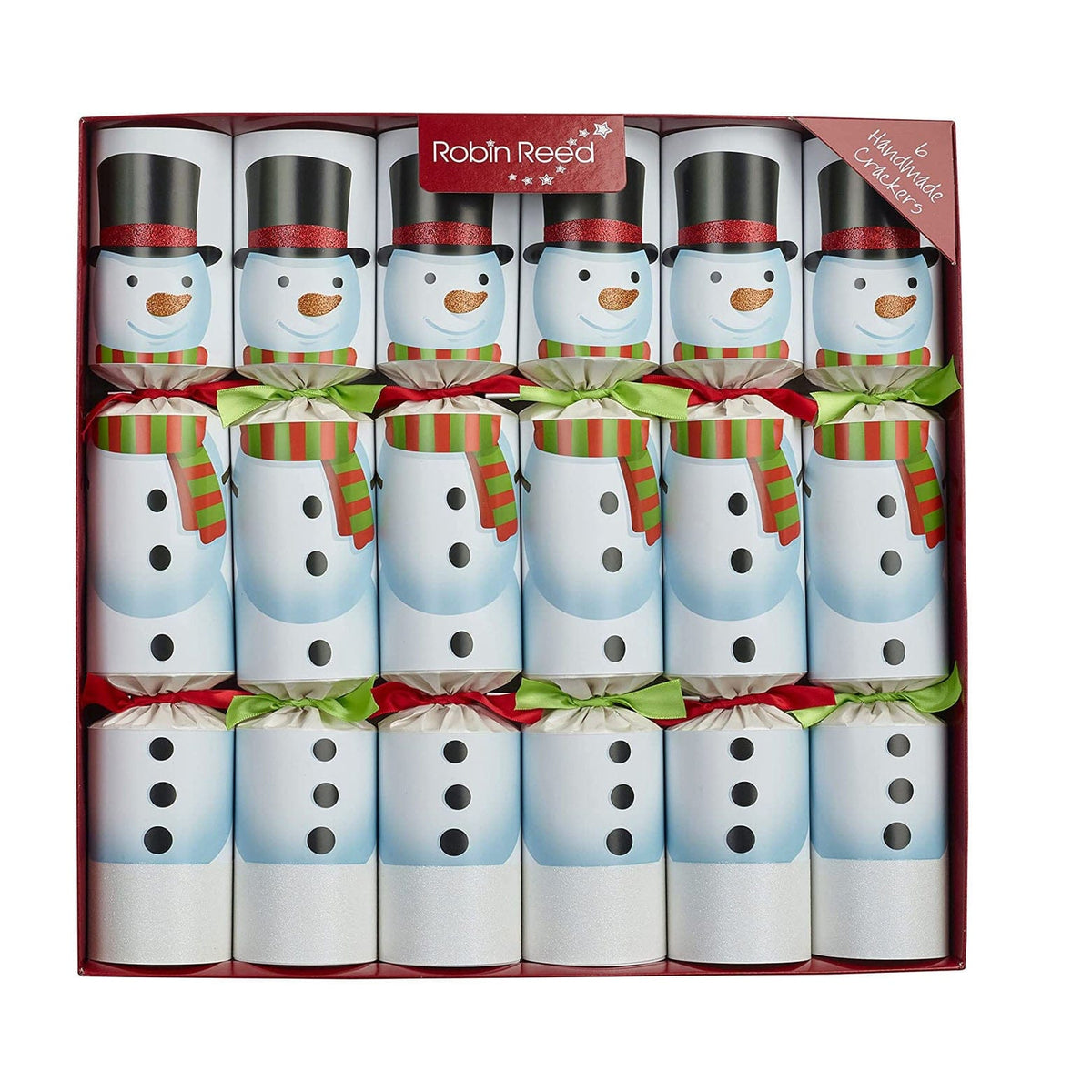 Box of 6 Robin Reed 13 Christmas crackers with racing snowman design wearing top hats and striped scarves