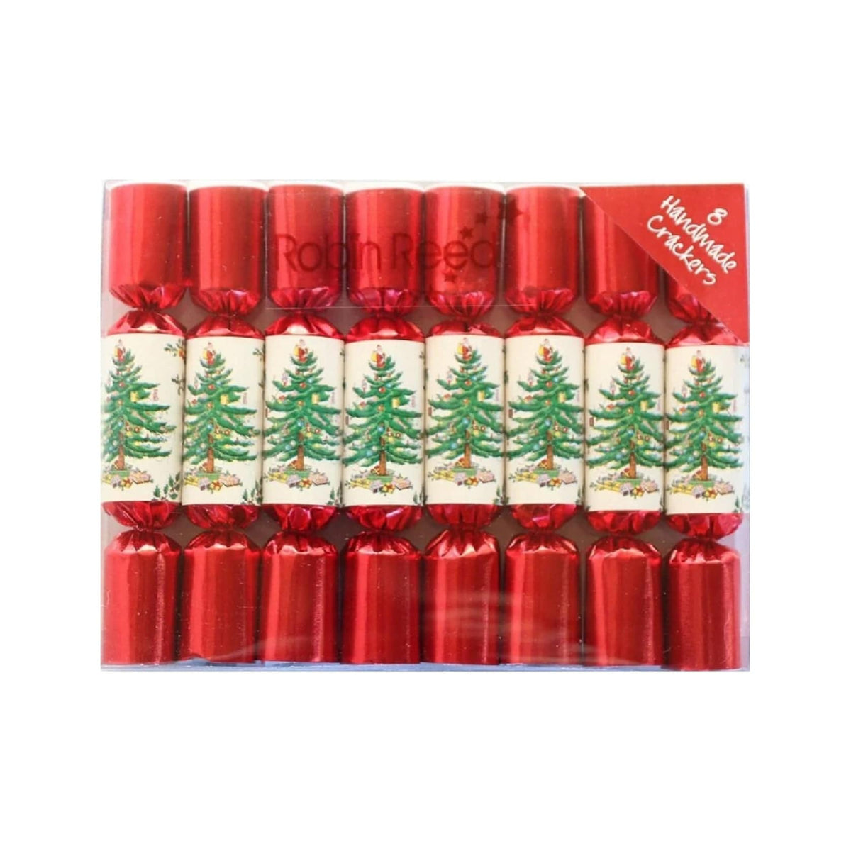 Set of 8 mini party crackers red with white bands featuring green Spode Christmas tree design