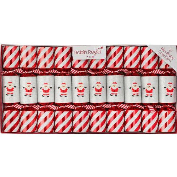 Box of 10 Robin Reed 8 5 Christmas Crackers with a red and white candy cane stripe and Santa design