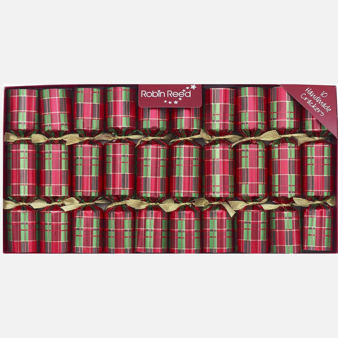 Box of 10 Robin Reed 8 5 holiday crackers with red and green tartan design tied with gold ribbons