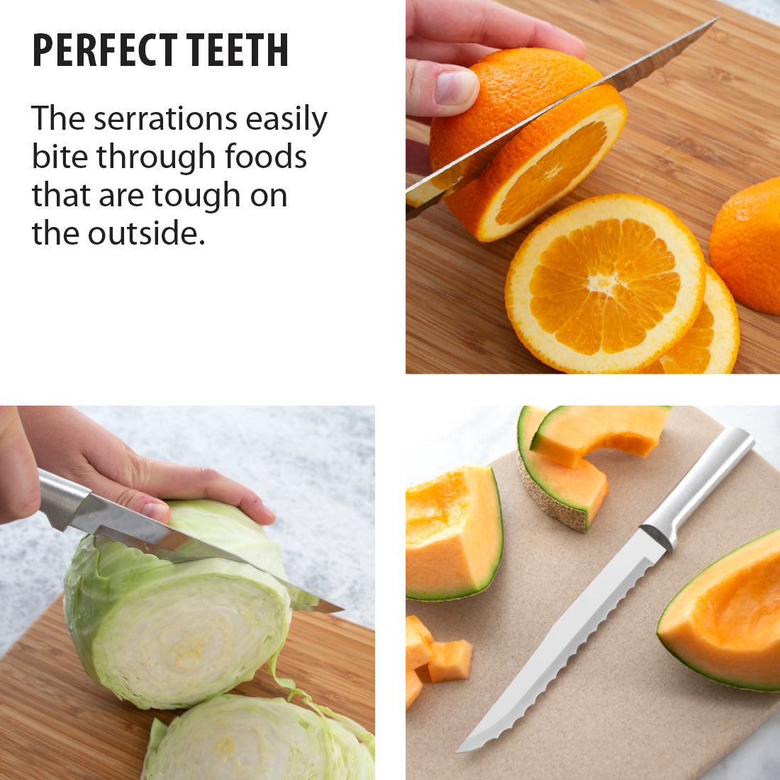 Cuisinart Black White Ceramic Wavy Edge Blade Knife for fruit and vegetable prep on a bamboo cutting board