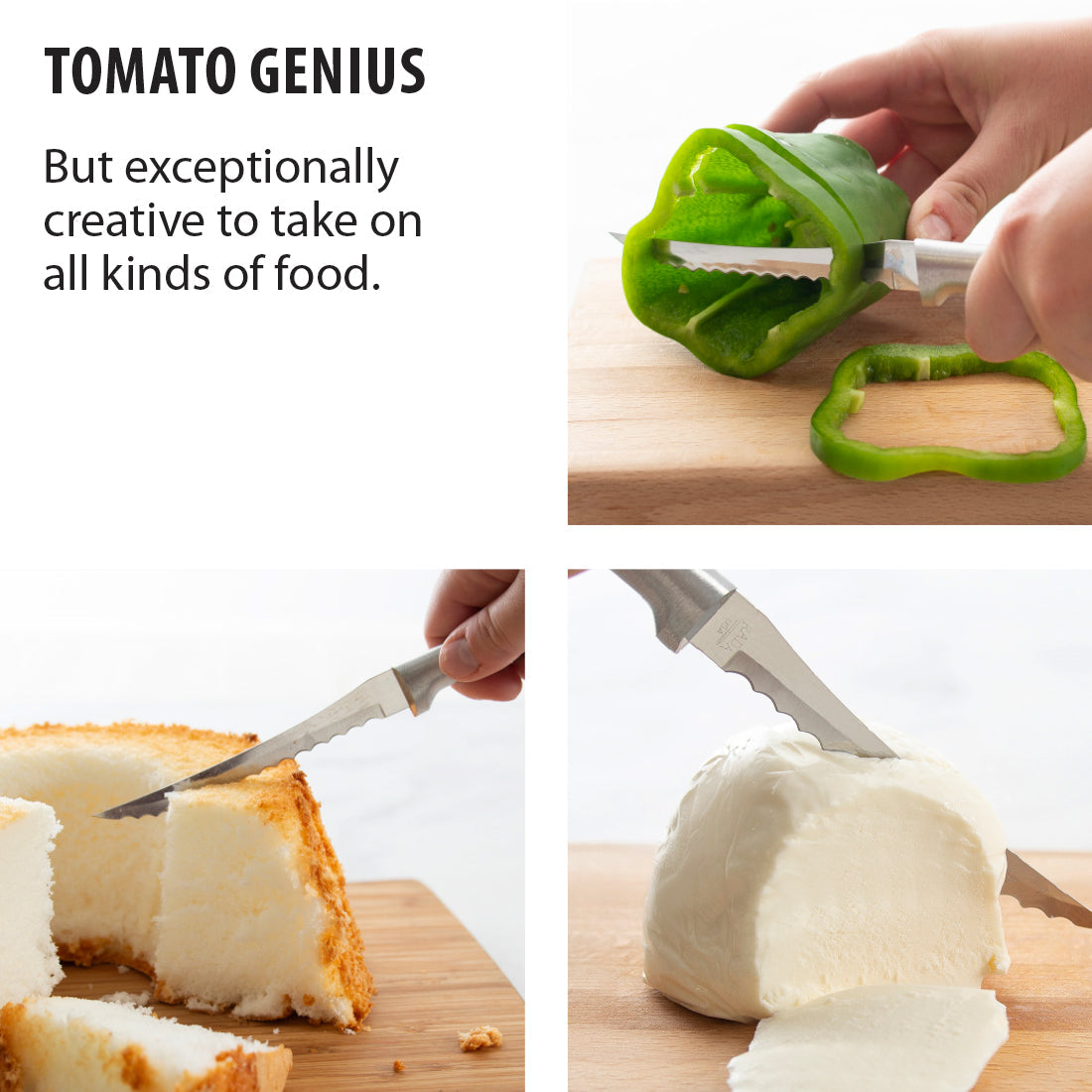 Silver-handled stainless steel serrated tomato knife on a beige cutting board with whole and sliced red tomatoes