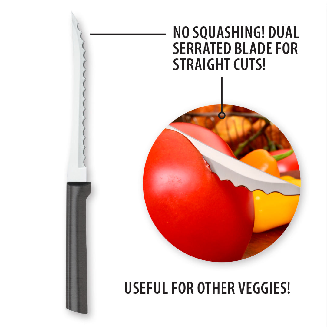 Kitchen Knife with Dual Serrated Blade and Black Handle slicing a red tomato for straight cuts
