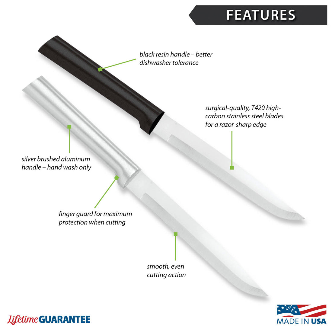Two kitchen knives one with a black resin handle one with a silver brushed aluminum handle and finger guard