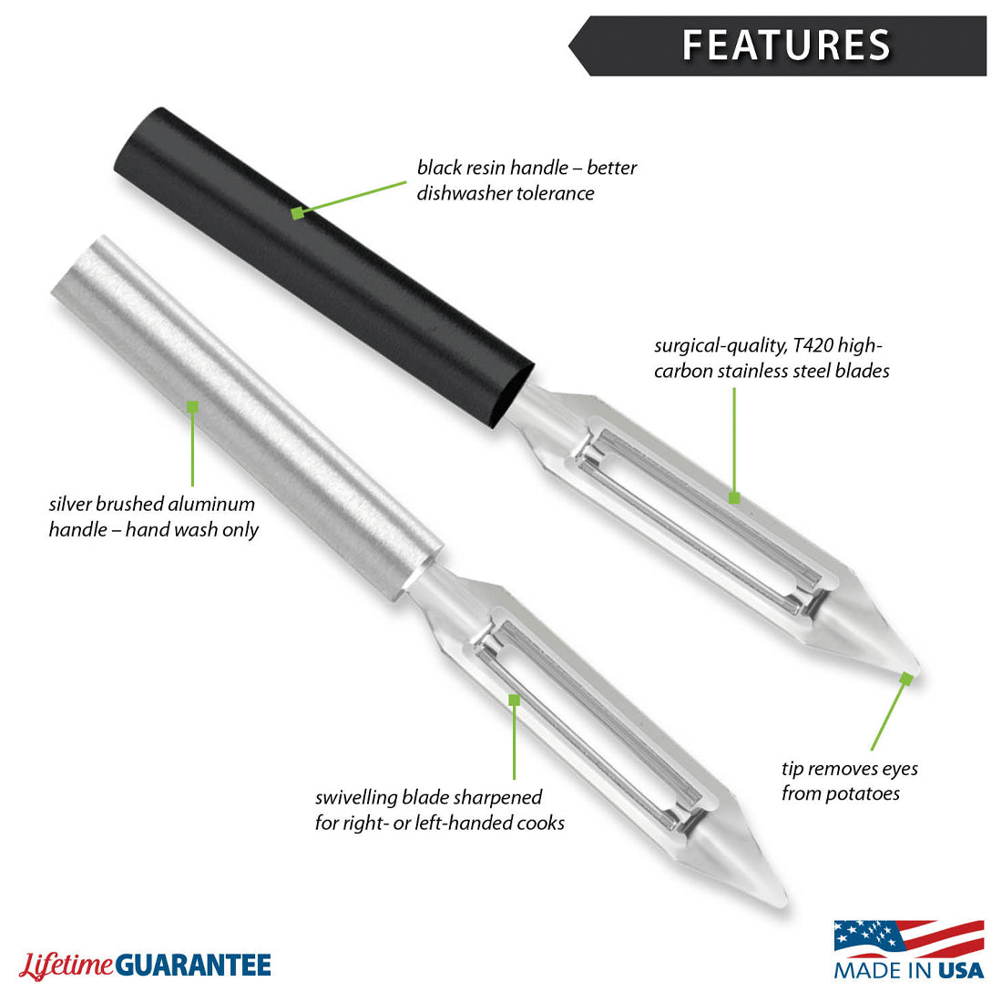 Lifetime Guarantee Peeler with black resin and silver brushed aluminum handles T420 high-carbon stainless steel blades