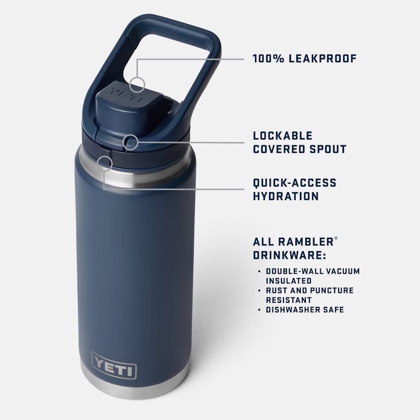 Yeti Rambler navy blue stainless steel bottle with double-wall vacuum insulation lockable covered spout and handle