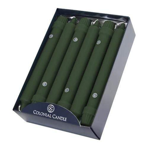 Box of 6 Colonial Candle 8-inch Classic Taper candles in evergreen visible with branding on the front