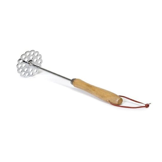 IMUSA potato bean masher with a stainless steel head wooden handle and brown hanging loop