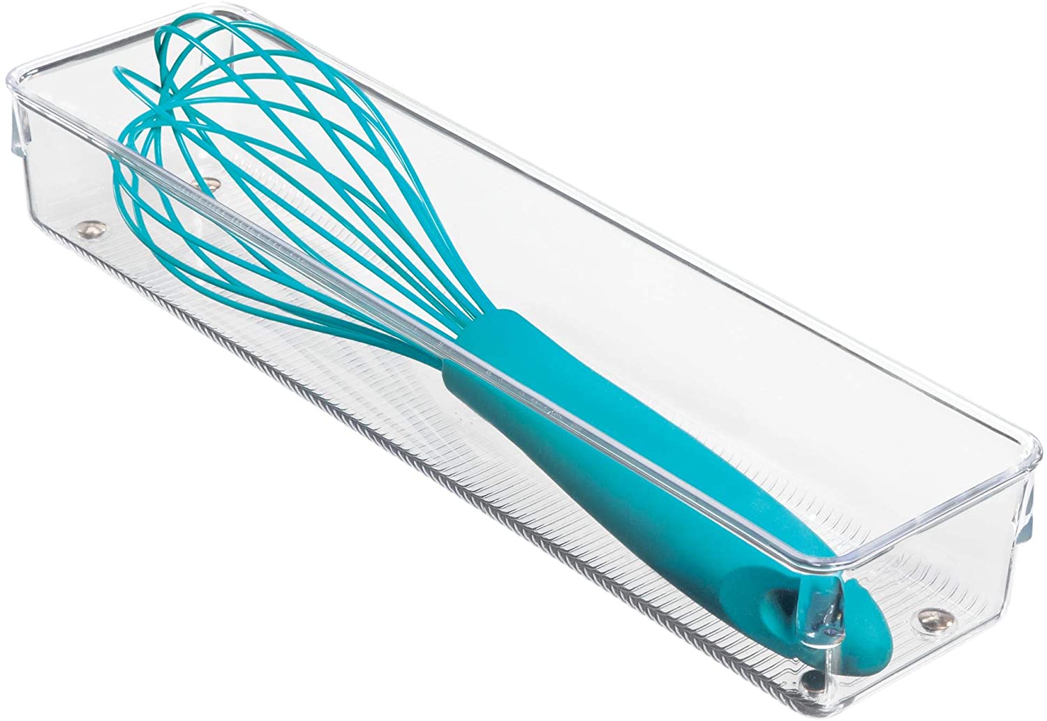 Clear plastic drawer organizer with a ribbed bottom containing a teal whisk