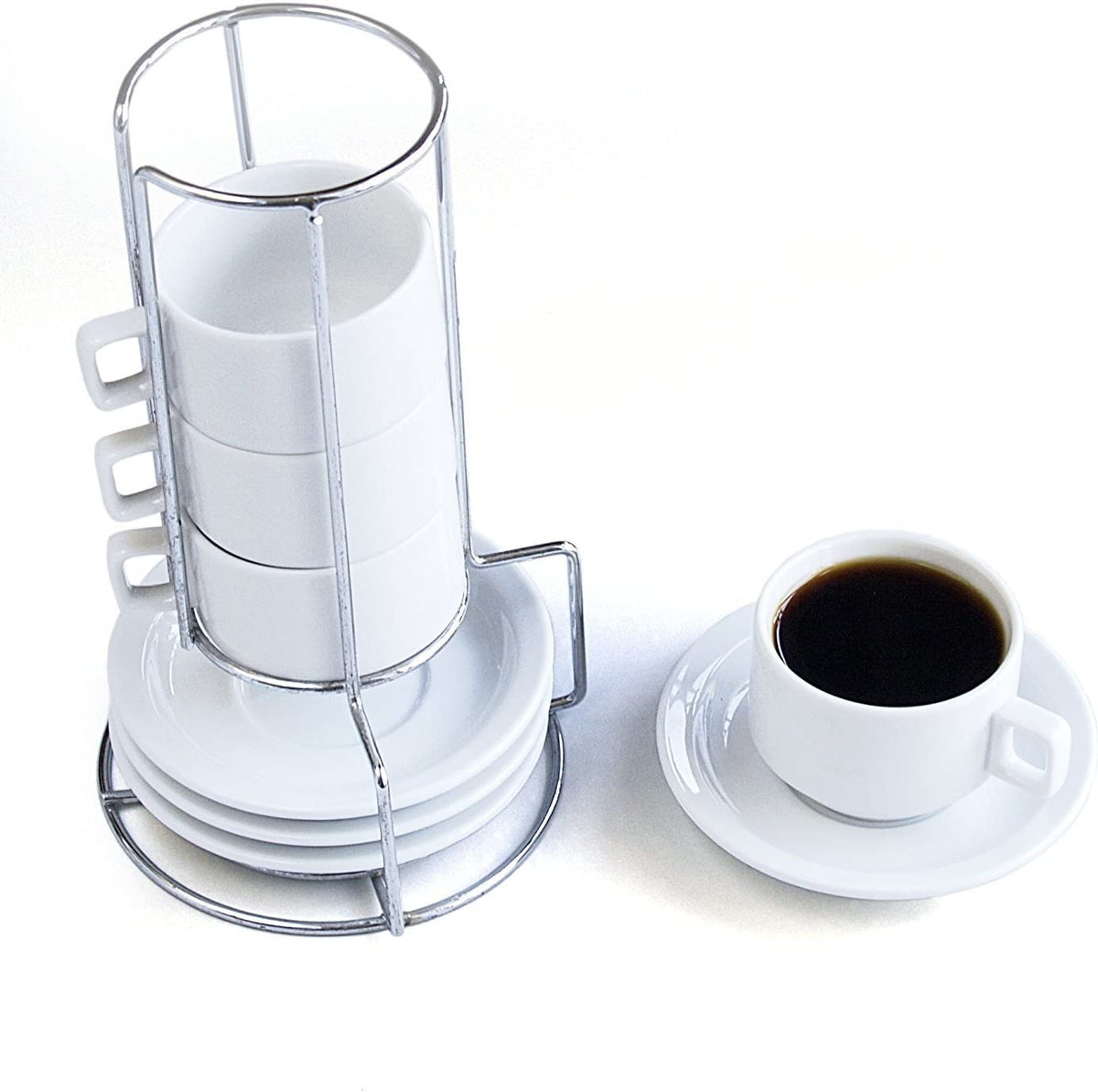 Stackable Porcelain Espresso Cup & Saucer 9 pc. Set - White