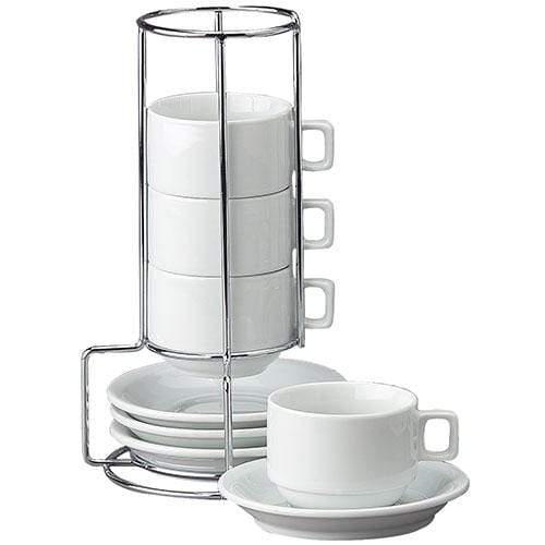 Stackable Porcelain Espresso Cup & Saucer 9 pc. Set - White